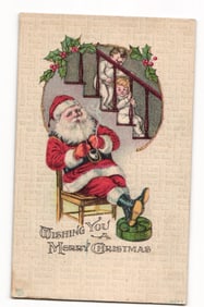 Christmas Postcard: Santa Claus Smoking Pipe, Children on Stairs, Embossed Holly, Early 20th Century