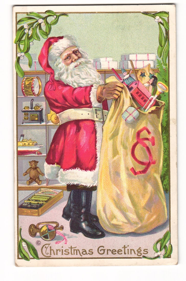 Vintage Santa Claus with Sack of Toys Christmas Greetings Postcard, Postmarked Bitumen PA 1916 (1 of 2)