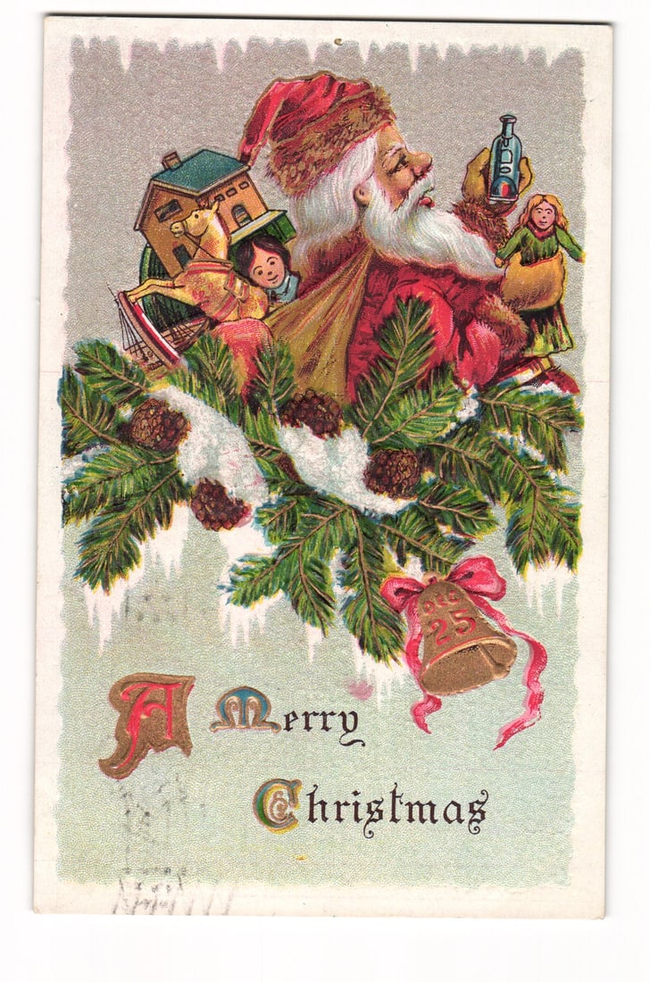 Embossed Christmas Postcard: Santa Claus with Toys, Pine Boughs, Rockville CT Postmark 1909 (1 of 2)