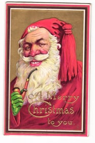 Embossed Santa Claus Pipe Christmas Postcard, "A Merry Christmas to you", Windham NY 1909 PMK