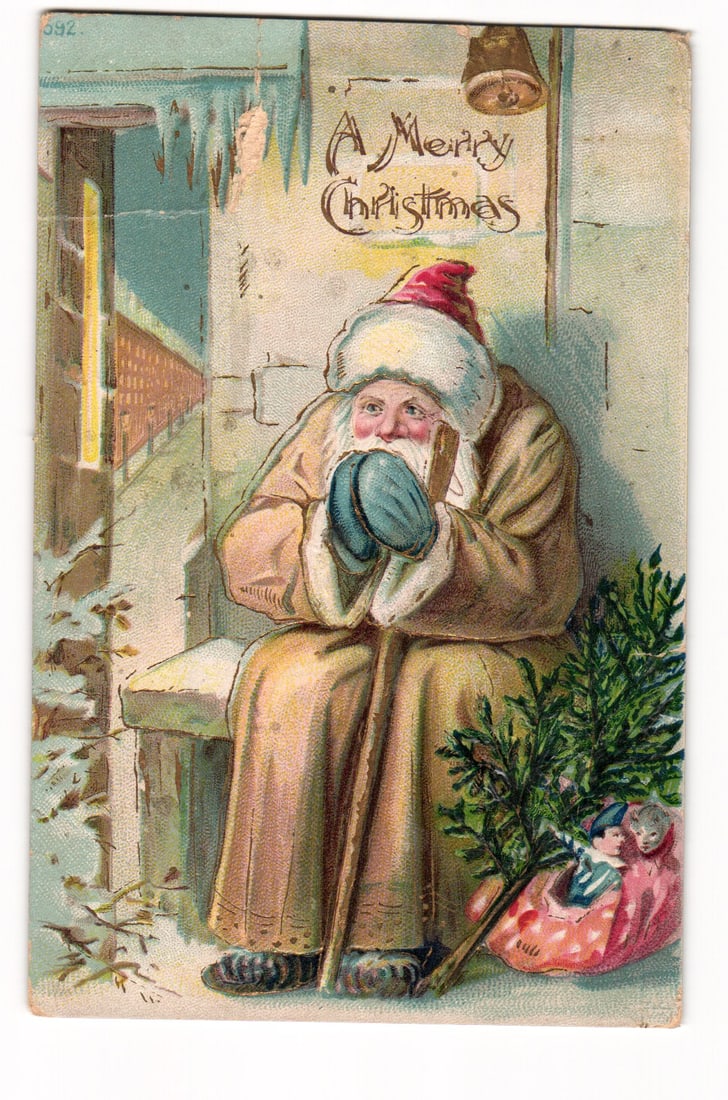 Antique Santa Claus with Christmas Tree and Doll Postcard, Embossed, Postmarked Boston 1906 (1 of 2)