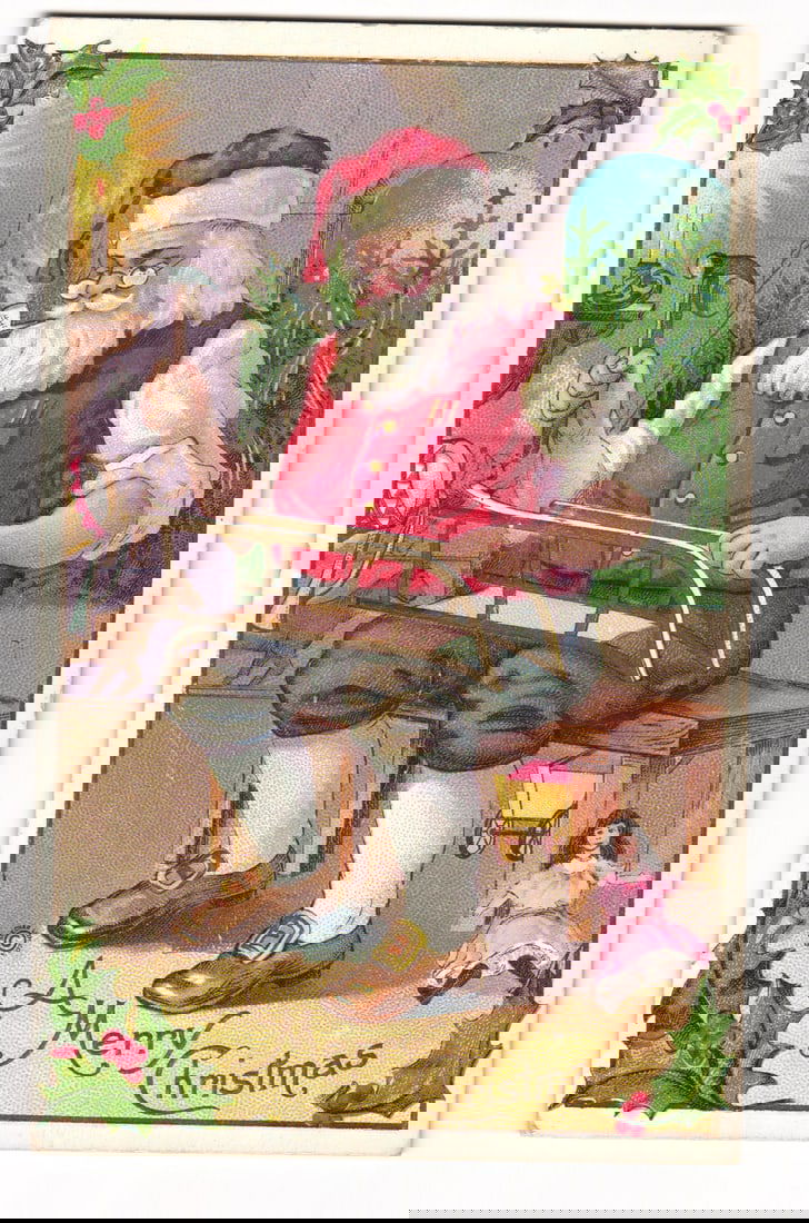 Vintage Christmas Postcard: Santa Claus Crafting a Sled, Embossed, "A Merry Christmas", 1915 (1 of 2)