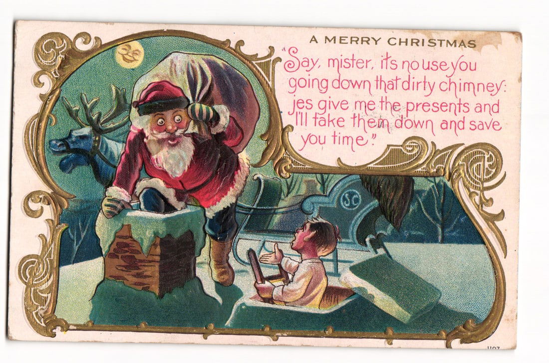 Merry Christmas Postcard: Santa at Chimney, Child in Sleigh, Humorous Text, Early 20th Century (1 of 2)