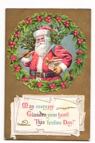 Vintage Christmas Postcard: Santa Claus in Holly Wreath, Embossed Gold Background, Festive Greeting
