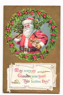 Vintage Christmas Postcard: Santa Claus in Holly Wreath, Embossed Gold Background, Festive Greeting: The front of this embossed postcard features a central illustration of Santa Claus. He is depicted from the waist up, wearing a traditional red suit with white fur trim, a black belt with a gold buckl