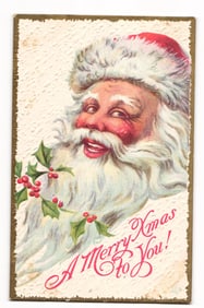 Vintage Christmas Postcard: Santa Claus Portrait with Holly, "A Merry Xmas to You!", c. 1913
