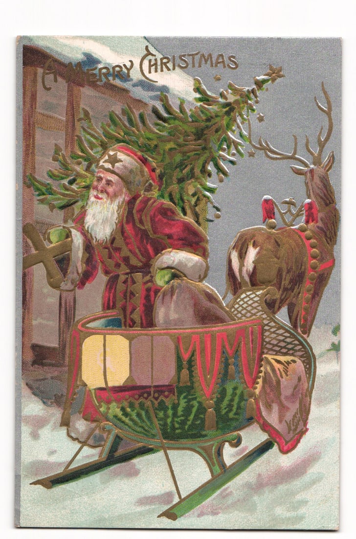 Embossed Merry Christmas Postcard: Santa Claus with Sleigh, Reindeer, and Tree, early 20th c. (1 of 2)