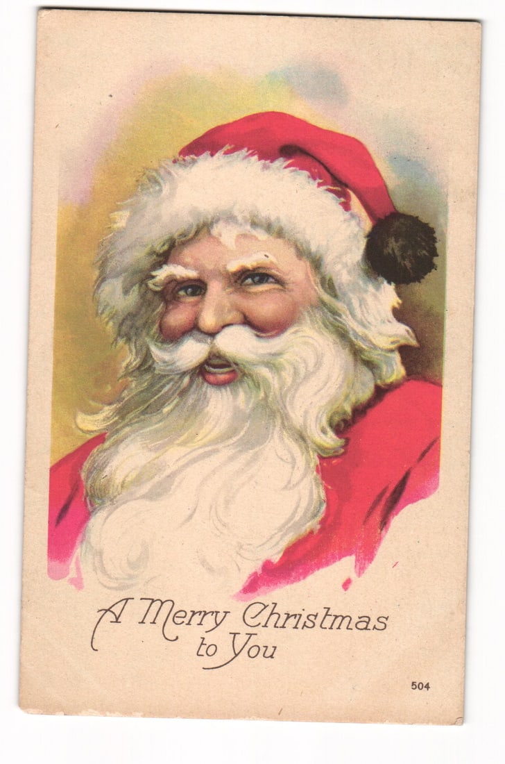 Vintage Santa Claus Christmas Postcard, "A Merry Christmas to You", Postmarked Rune NH c.1940s.: A color illustration depicting a close-up, centered portrait of Santa Claus from the shoulders up. Santa Claus is shown smiling, with rosy cheeks, blue eyes, and a long, white, wavy beard and mustache