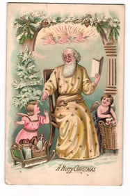 Antique Christmas Postcard: Santa Claus Reading to Angelic Children, Christmas Tree and Sleigh