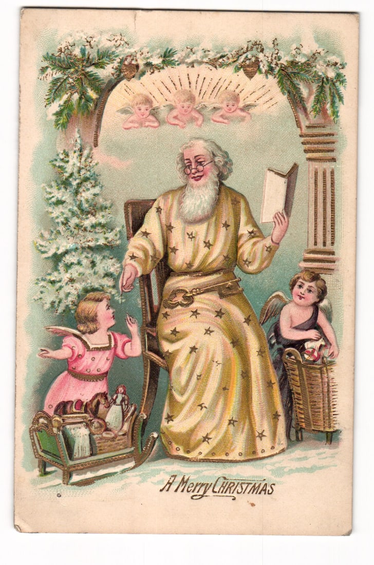 Antique Christmas Postcard: Santa Claus Reading to Angelic Children, Christmas Tree and Sleigh (1 of 2)