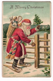Vintage Merry Christmas Postcard: Santa Claus on Snowshoes with Child in Basket, Opening Gate