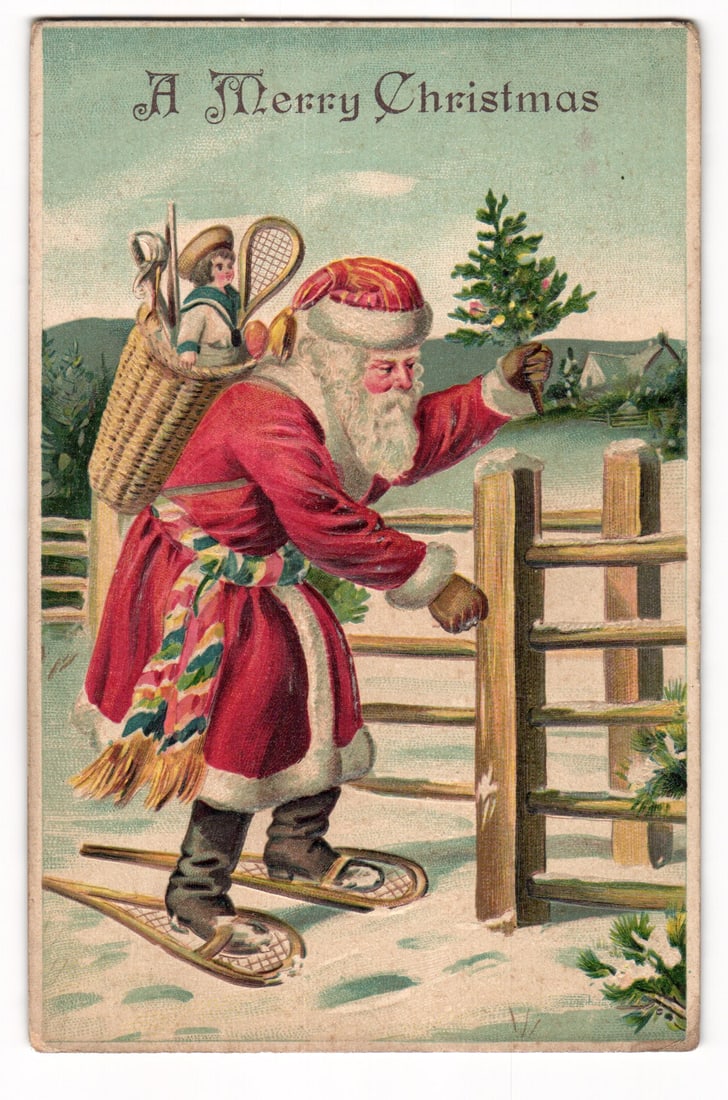 Vintage Merry Christmas Postcard: Santa Claus on Snowshoes with Child in Basket, Opening Gate (1 of 2)