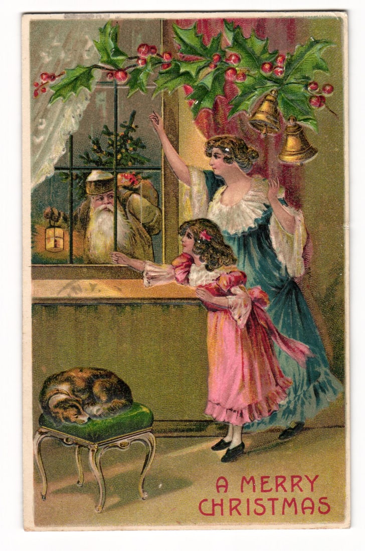 Christmas Scene Santa, Woman, Girl by Window, Embossed Postcard, Ogdensburg NY 1908 (1 of 2)