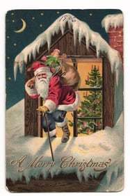 Santa Claus Exiting Snow-Covered Chimney, Toy Sack, 1906 "A Merry Christmas" Embossed Postcard