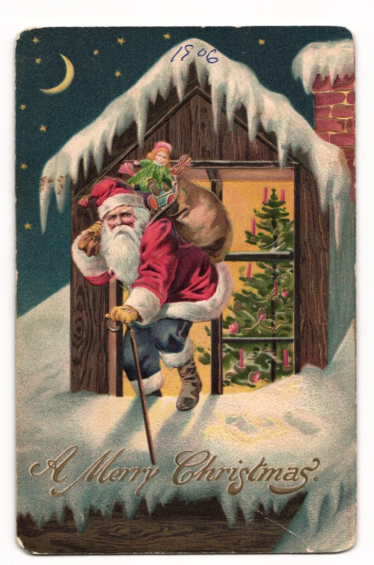Santa Claus Exiting Snow-Covered Chimney, Toy Sack, 1906 "A Merry Christmas" Embossed Postcard: The front of this embossed color postcard depicts Santa Claus in a red suit with white fur trim, black boots, and a red hat, carrying a brown sack of toys over his right shoulder from which a doll wit