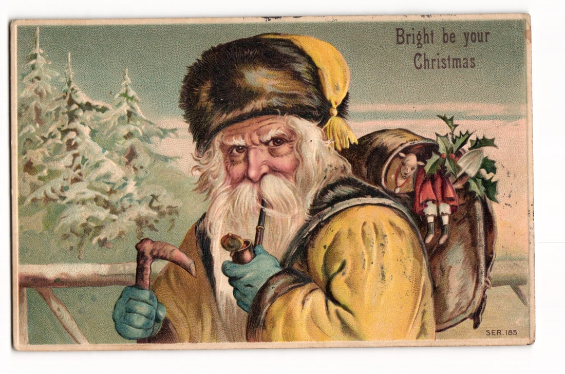 Santa Claus with Pipe & Toys Christmas Postcard, Germany Printed, Postmarked 1908, SER. 185 (1 of 2)