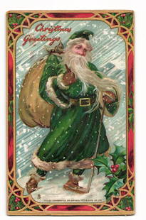Green Santa Claus Christmas Greetings Postcard, Raphael Tuck & Sons "Santa Claus" Series No 512: An illustration depicts Santa Claus dressed in a long, dark green, fur-trimmed coat and matching hat, speckled with white dots simulating snow. He has a long white beard and mustache, carries a large,