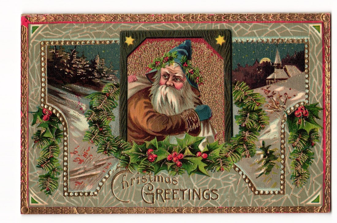 Christmas Greetings Santa Claus Triptych Embossed German Printed Postcard Serie 0634 (1 of 2)