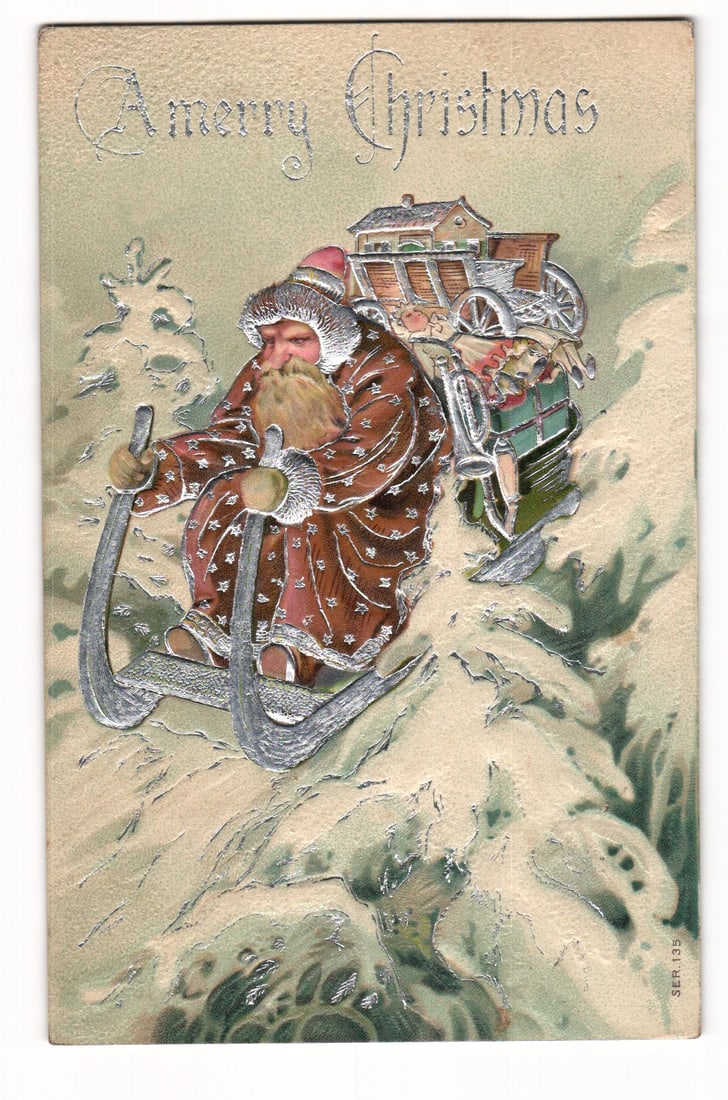 Embossed Christmas Postcard: Santa on Sled with Toys, Silver Accents, Postmarked 1911 (1 of 2)