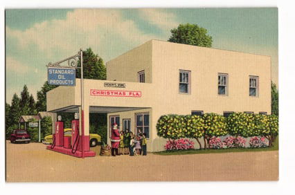 Vickery's Store, Christmas, FLA. Standard Oil Products, Santa Claus with Children, Linen Postcard
