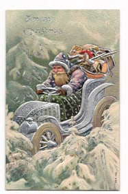 Embossed Christmas Postcard: Santa Claus in Antique Automobile, Louisville KY 1909 Postmark