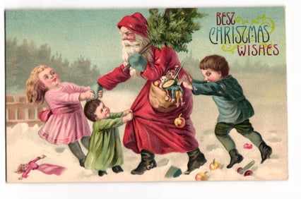 Vintage Christmas Postcard: Santa Claus with Children, Toys, and Christmas Tree, German Printed