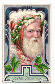 Embossed Santa Claus with Fir Wreath and Holly, "A Joyful Christmas" Greetings 1907 Postcard