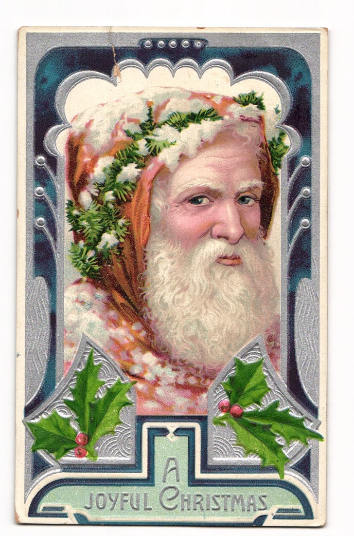 Embossed Santa Claus with Fir Wreath and Holly, "A Joyful Christmas" Greetings 1907 Postcard (1 of 2)