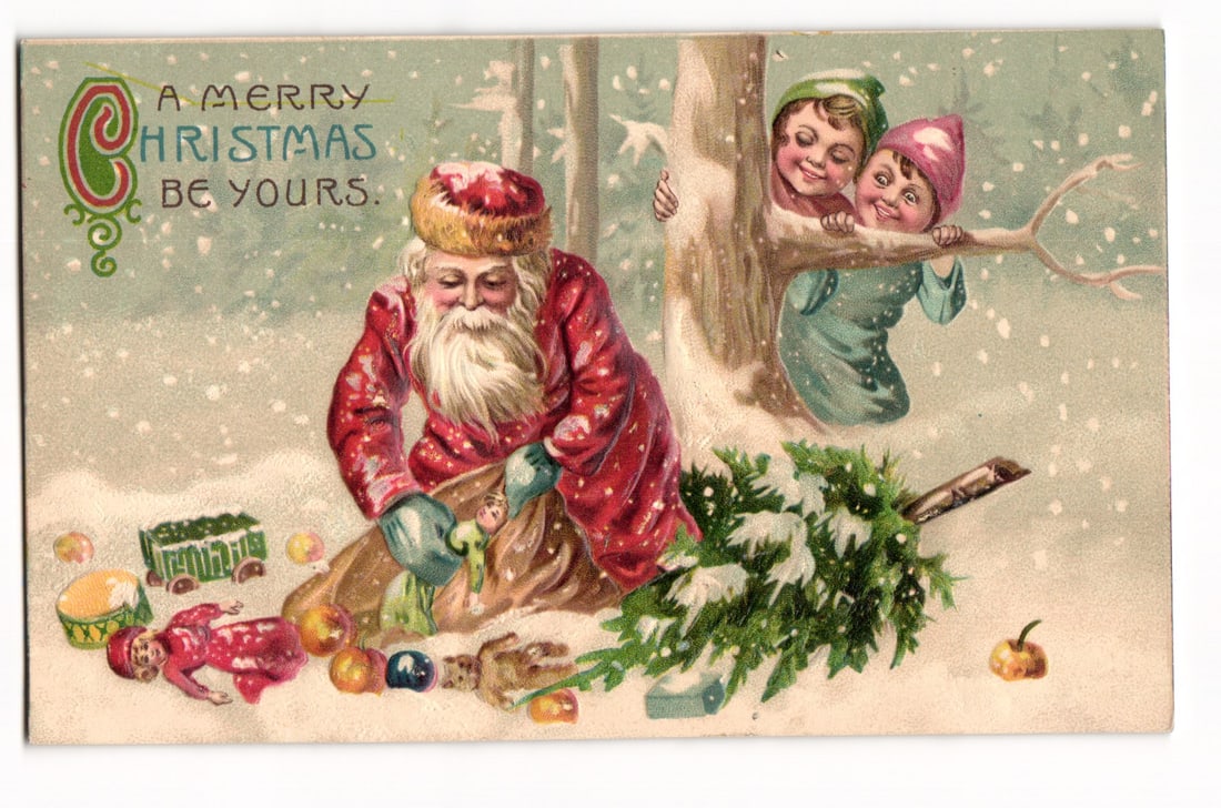 Embossed Christmas Postcard: Santa Claus with Toys, Children in Snowy Woods, Printed in Germany (1 of 2)