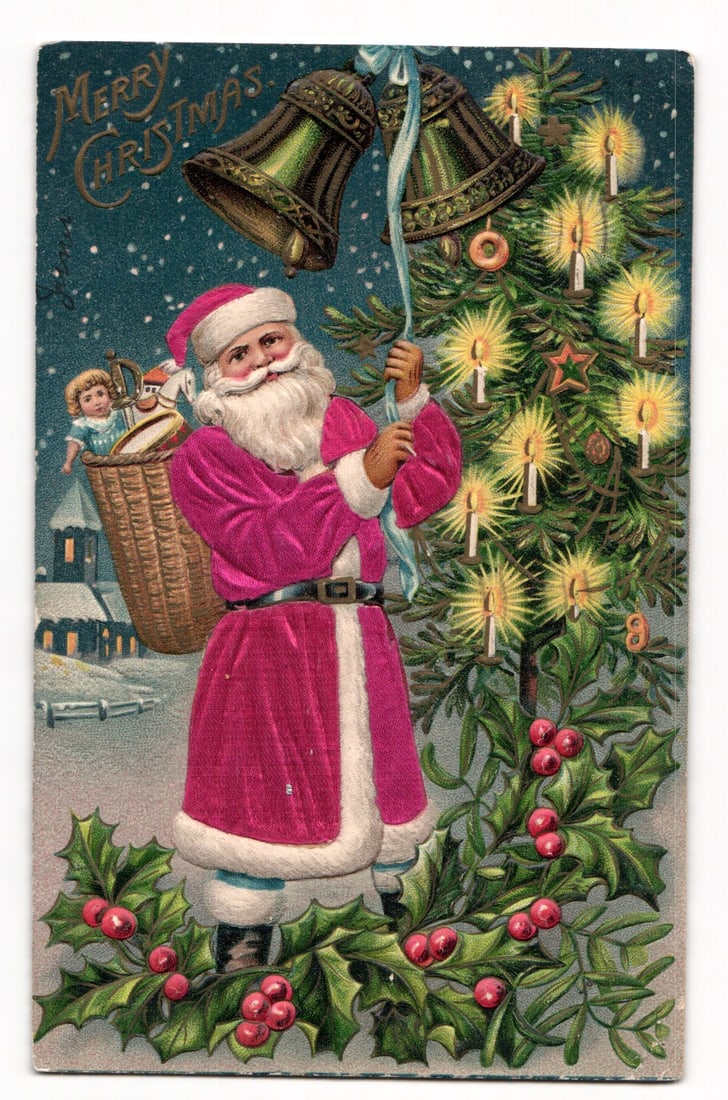 Merry Christmas Postcard: Santa Claus with Bells, Tree & Toys, Niagara Falls N.Y. 1910 Postmark (1 of 2)