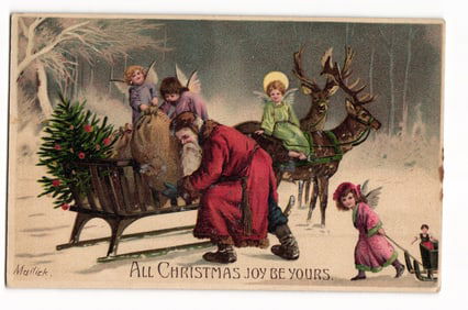 Antique Christmas Postcard: Santa Claus, Reindeer, Sleigh, Angels, "ALL CHRISTMAS JOY BE YOURS"