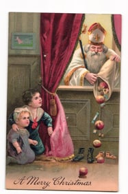 Saint Nicholas Christmas Postcard with Children Receiving Gifts, Embossed, Postmarked 1910