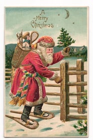 Santa Claus with Snowshoes and Toy Basket, Merry Christmas Greeting, Early 20th Century Postcard