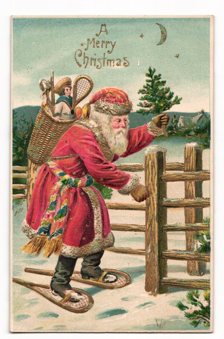 Santa Claus with Snowshoes and Toy Basket, Merry Christmas Greeting, Early 20th Century Postcard (1 of 2)