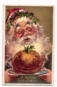 Postcard: Santa Claus with Holly Wreath Holding Christmas Pudding, 1908 Julius Bien & Co. N.Y.