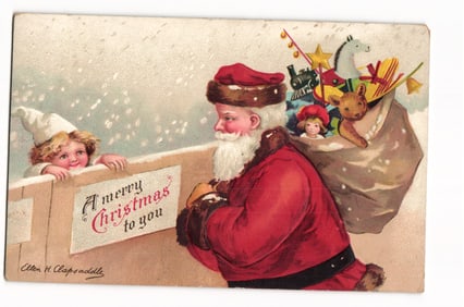 Ellen H. Clapsaddle Christmas Postcard: Santa Claus with Toys & Child "A merry Christmas"