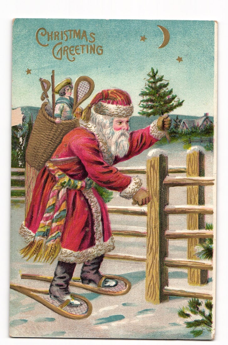 Vintage Christmas Greeting Postcard: Santa Claus on Snowshoes with Child in Basket, 1909. (1 of 2)