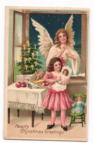 Christmas Postcard: Girl with Doll, Angel in Window, Lit Tree, 'Hearty Christmas Greetings'