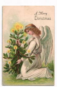 Chromolithograph Postcard of an Angel with a Lit Christmas Tree, "A Merry Christmas", 1905
