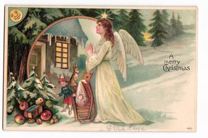 Vintage Christmas Postcard: Angel with Toys in Snowy Landscape, 'A merry Christmas' Greeting
