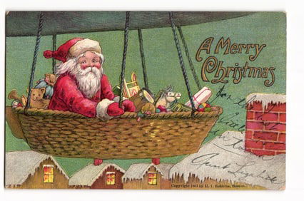Vintage Christmas Postcard: Santa Claus in Airship Basket, Toys, Rooftops, 1907 Robbins
