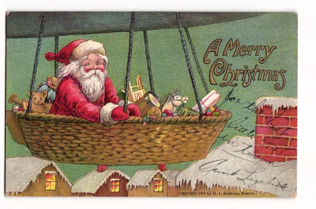 Vintage Christmas Postcard: Santa Claus in Airship Basket, Toys, Rooftops, 1907 Robbins (1 of 2)