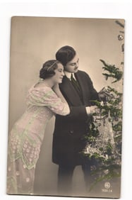 RPPC Postcard: Couple with Christmas Tree, 1920s Fashion, "NPG 2031/4", Postmarked Elizabeth NJ