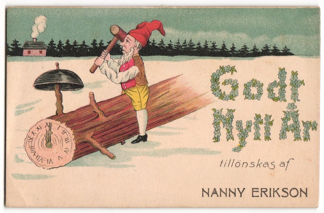 Swedish 'Godt Nytt År' Postcard: Gnome Ringing Bell on Clock Log, from Nanny Erikson (1 of 2)
