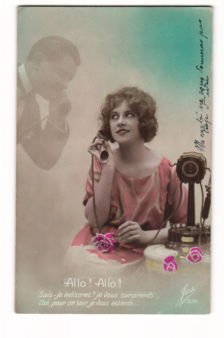 French "Allo! Allo!" Telephone Romance Postcard with Phantom Man Image, Feyzel 1923 Postmark (1 of 2)