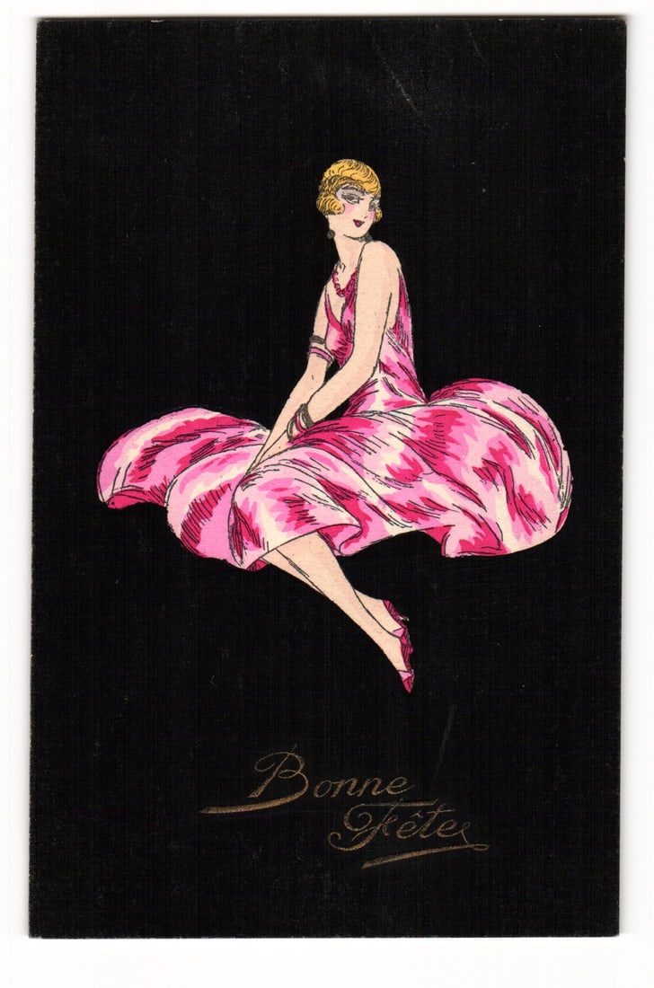 Art Deco Woman in Pink Dress "Bonne Fêtes" French Postcard, Etablissements Artistiques Parisiens (1 of 2)