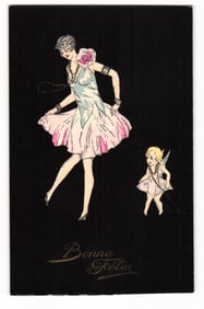 Art Deco Illustration Postcard: Woman in Flapper Dress & Cupid, "Bonne Fête," Made in France