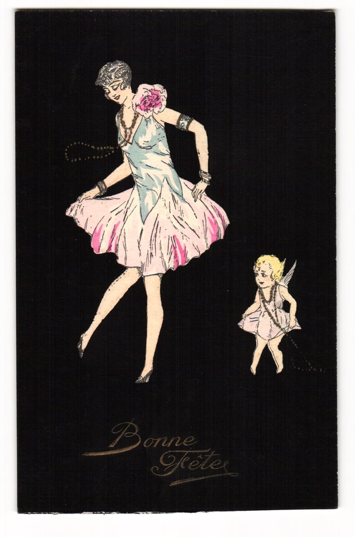 Art Deco Illustration Postcard: Woman in Flapper Dress & Cupid, "Bonne Fête," Made in France: The front features a color illustration against a solid black background. A woman, depicted in an Art Deco style, is shown in a dynamic, dancing pose. She wears a short, light blue sleeveless dress wi