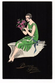 Art Deco Illustration of Woman with Roses, "Bonne Fête" Greeting, French Made Postcard, c. 1920s