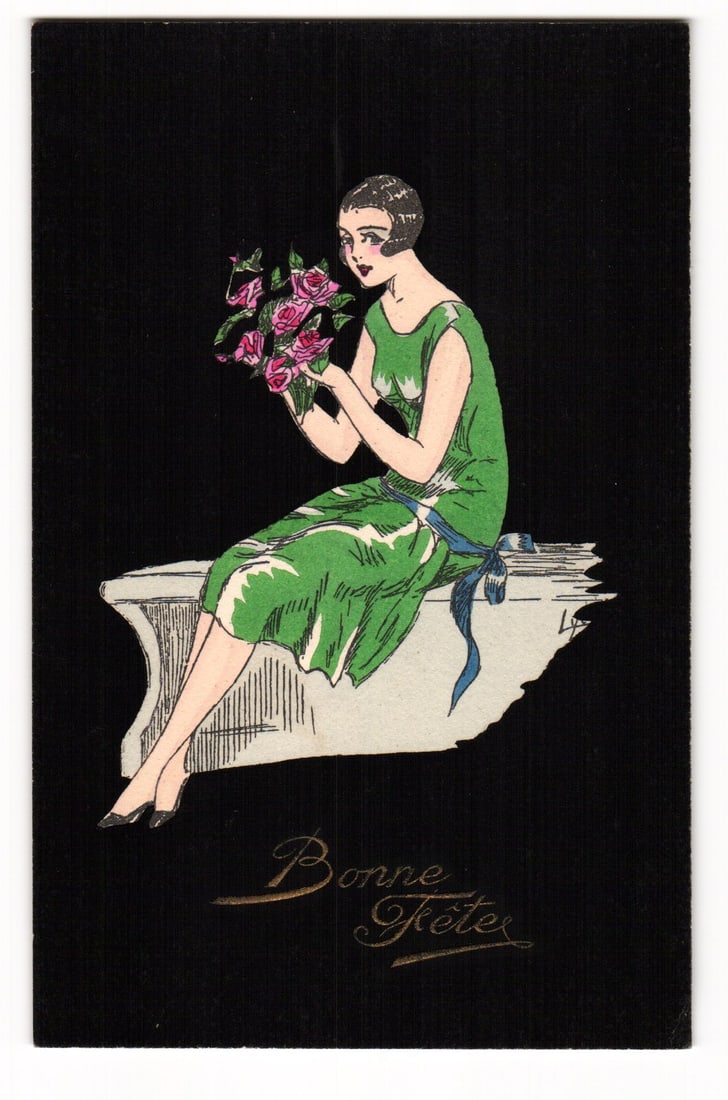 Art Deco Illustration of Woman with Roses, "Bonne Fête" Greeting, French Made Postcard, c. 1920s (1 of 2)